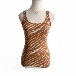 Creamy Brown & White Zebra Cotton Full Length Fitted Y2K Tank Top Size Small